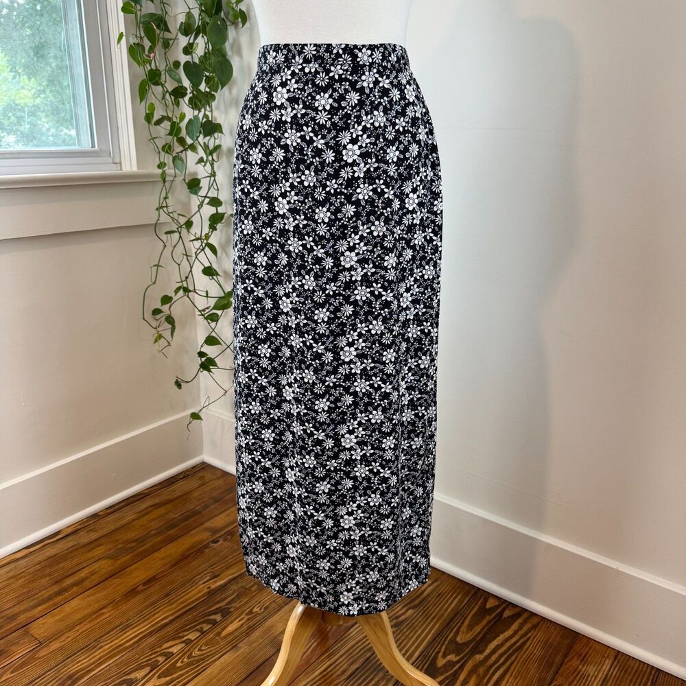 Vintage Black White Floral Daisy Rayon Midi Straight Skirt | Christopher & Banks - Picture 1 of 8